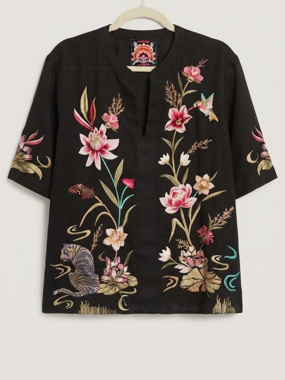 Johnny Was Boho Linen Black Split-Neck Tunic Floral Embroidery